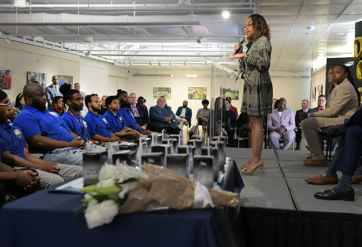 Tamla Olivier, senior vice president and chief operating officer of Pepco Holdings, speaks to a graduating class of the company's Utility Training Program at Pepco's Edison Gallery in D.C. on May 17. (Courtesy of Pepco)