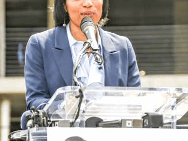 Entering to the tune "The Best Is Yet To Come," Angela Alsobrooks steps on stage and announces her candidacy for the U.S. Senate. (Robert R. Roberts/The Washington Informer)