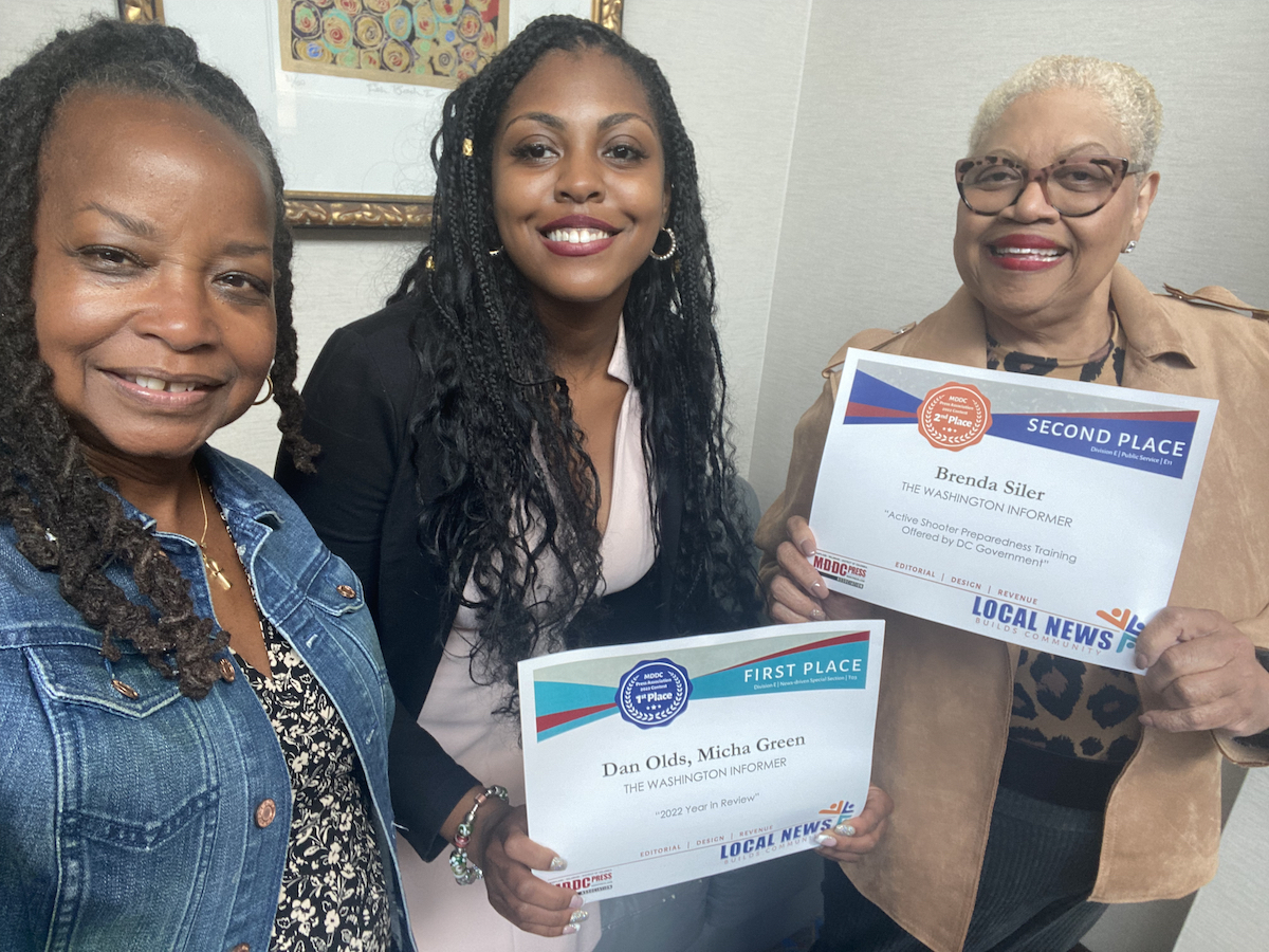 From left: Washington Informer Publisher Denise Rolark Barnes, WI Managing Editor Micha Green and WI contributing writer Brenda Siler pose for a photo at the MDDC luncheon on May 5 in Annapolis, Maryland. (WI photo)