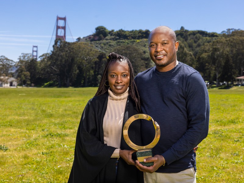 Goldman Prize winner Chilekwa Mumba and his wife, Helen Mosha Mumba, stand in San Francisco with the award. (The Goldman Environmental Prize)