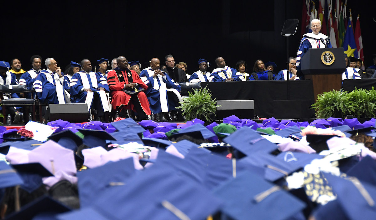 President Joe Biden speaks to Howard University's Class of 2023 during the commencement ceremony at Capital One Arena in D.C. on May 13. (Robert R. Roberts/The Washington Informer)