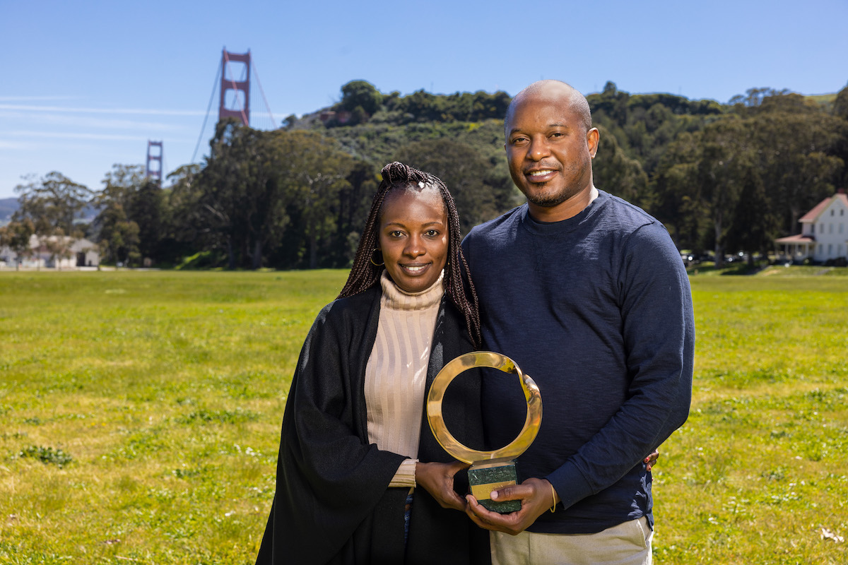Goldman Prize winner Chilekwa Mumba and his wife, Helen Mosha Mumba, stand in San Francisco with the award. (The Goldman Environmental Prize)
