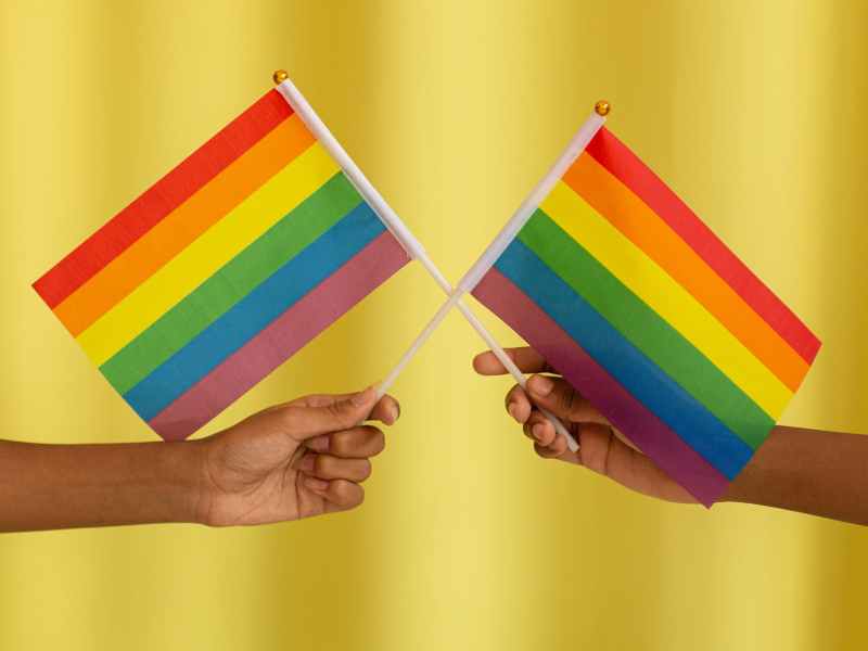 two people holding pride flag