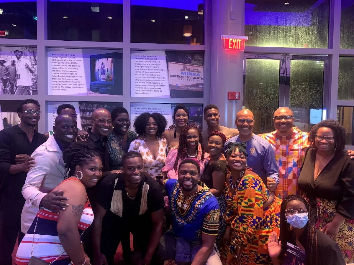 A meet-and-greet was held at the premiere of "Nollywood Dreams" at Round House Theatre in Bethesda, Maryland. Gbenga Ogunjimi, 41, founder and executive director of the Nigerian Center, is standing second from right in the rear. (Courtesy of the Nigerian Center)