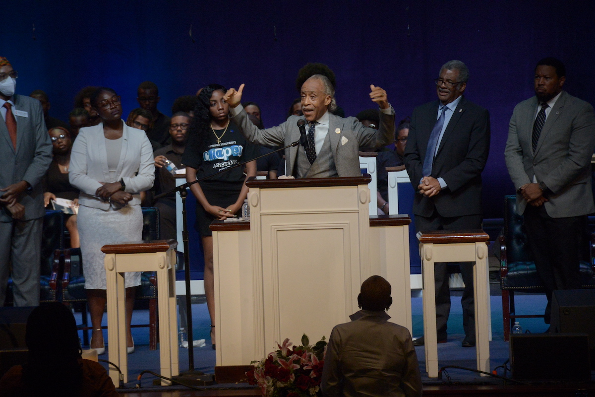 Rev. Al Sharpton, National Action Network president and CEO, speaks during the worship service at Howard University on Aug. 27. (Roy Lewis/The Washington Informer)