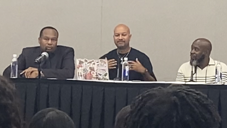Roy Wood Jr. of "The Daily Show," The Grio’s Panama Jackson and Michael Harriot at a live recording of the “Dear Culture” podcast during the 2023 NABJ convention (Micha Green/The Washington Informer)