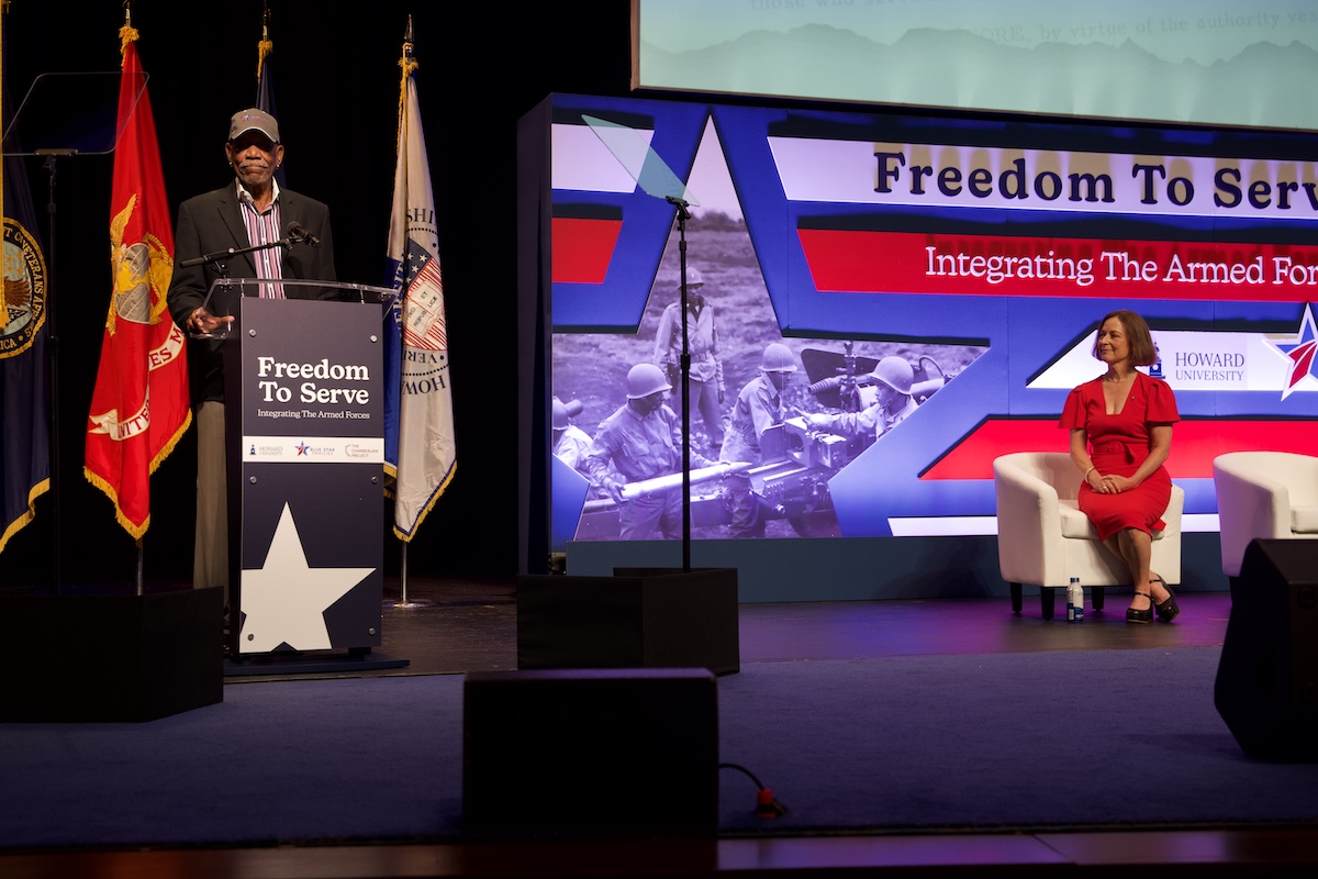 Oscar-winning actor Morgan Freeman, an Air Force veteran and 2015 Howard University honorary degree recipient, speaks during an event at Howard on July 26, 2023, marking the 75th anniversary of the U.S. desegregating its armed forces. (Marckell Williams/The Washington Informer)