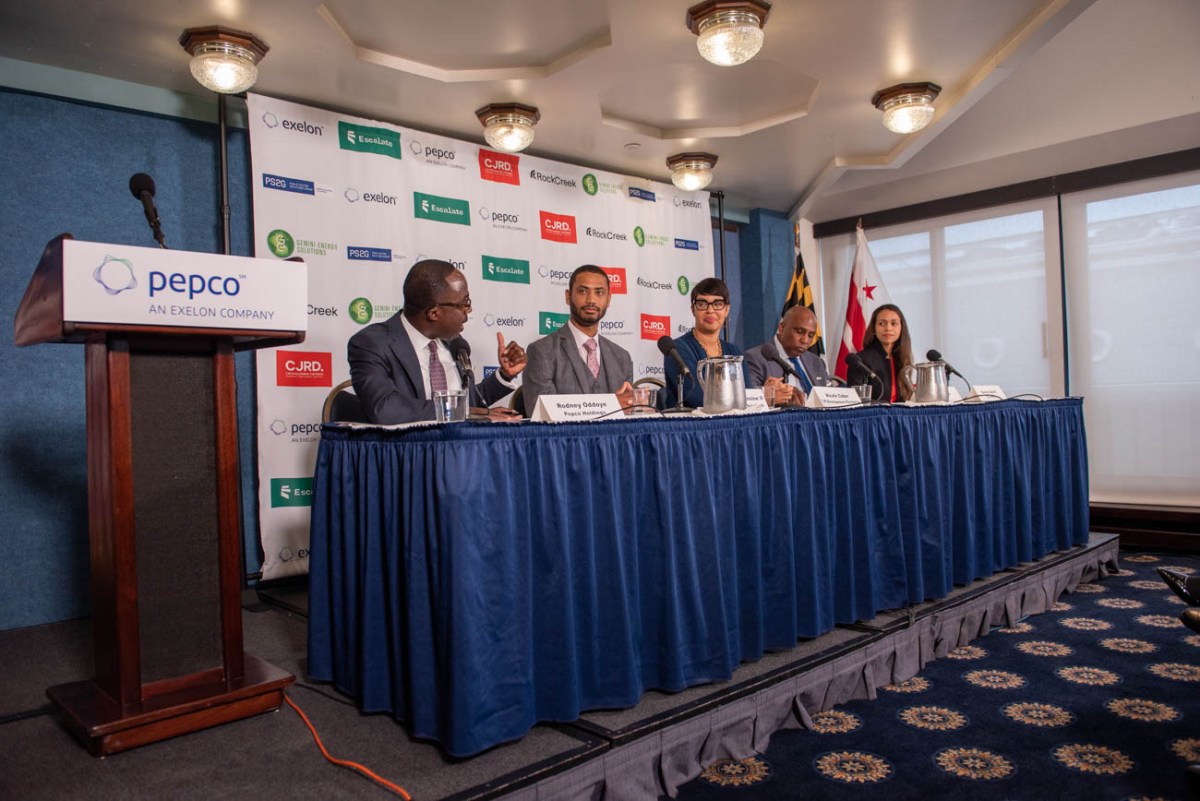 Rodney Oddoye, senior vice president for Governmental, Regulatory and External Affairs for Pepco Holdings, Inc., moderates a panel discussion with Dr. Anthony Kinslow III of Gemini Energy Solutions, Nicole Cober of CJR Development Partners, Darryl Wiggins of Public Solutions Sector Group and Sienna Daniel of Escalate. (Courtesy photo)