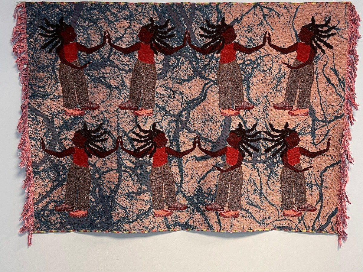 Siena Smith’s “Talk to Me,” 2023– jacquard woven cotton and rayon 47 x 34.75 in. (Courtesy photo)