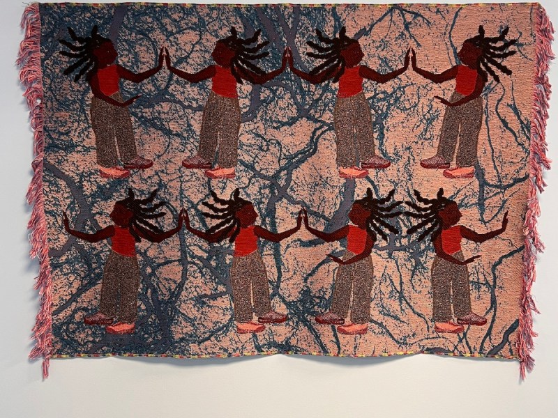 Siena Smith’s “Talk to Me,” 2023– jacquard woven cotton and rayon 47 x 34.75 in. (Courtesy photo)