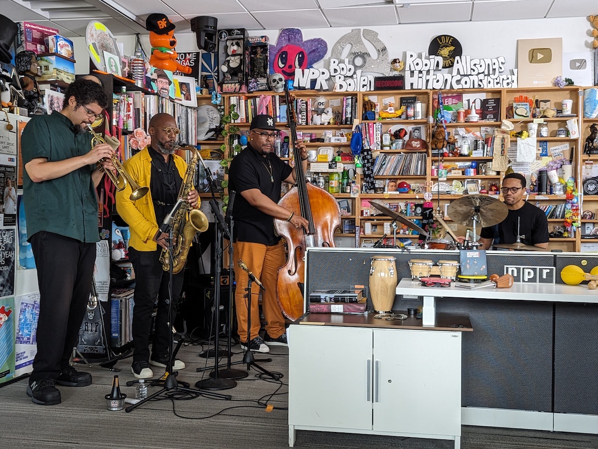 Christian McBride and New Jawn appeared on NPR’s Tiny Desk concert series at the end of August. Group members are (from left) Josh Evans on trumpet, Marcus Strickland on tenor sax and bass clarinet, McBride on bass and Nasheet Waits on drums. (Brenda C. Siler/The Washington Informer)
