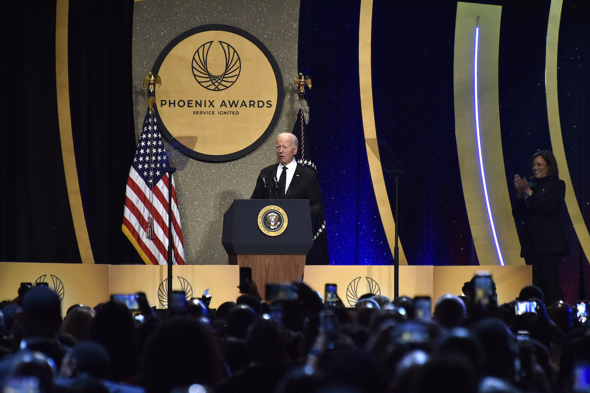 President Joe Biden greets the crowd with Vice President Kamala Harris cheering him on at the 2023 Phoenix Awards at the Walter E. Washington Convention Center in D.C. on Sept. 23. The event was part of the Congressional Black Caucus Foundation’s Annual Legislative Conference. (Robert R. Roberts/The Washington Informer)