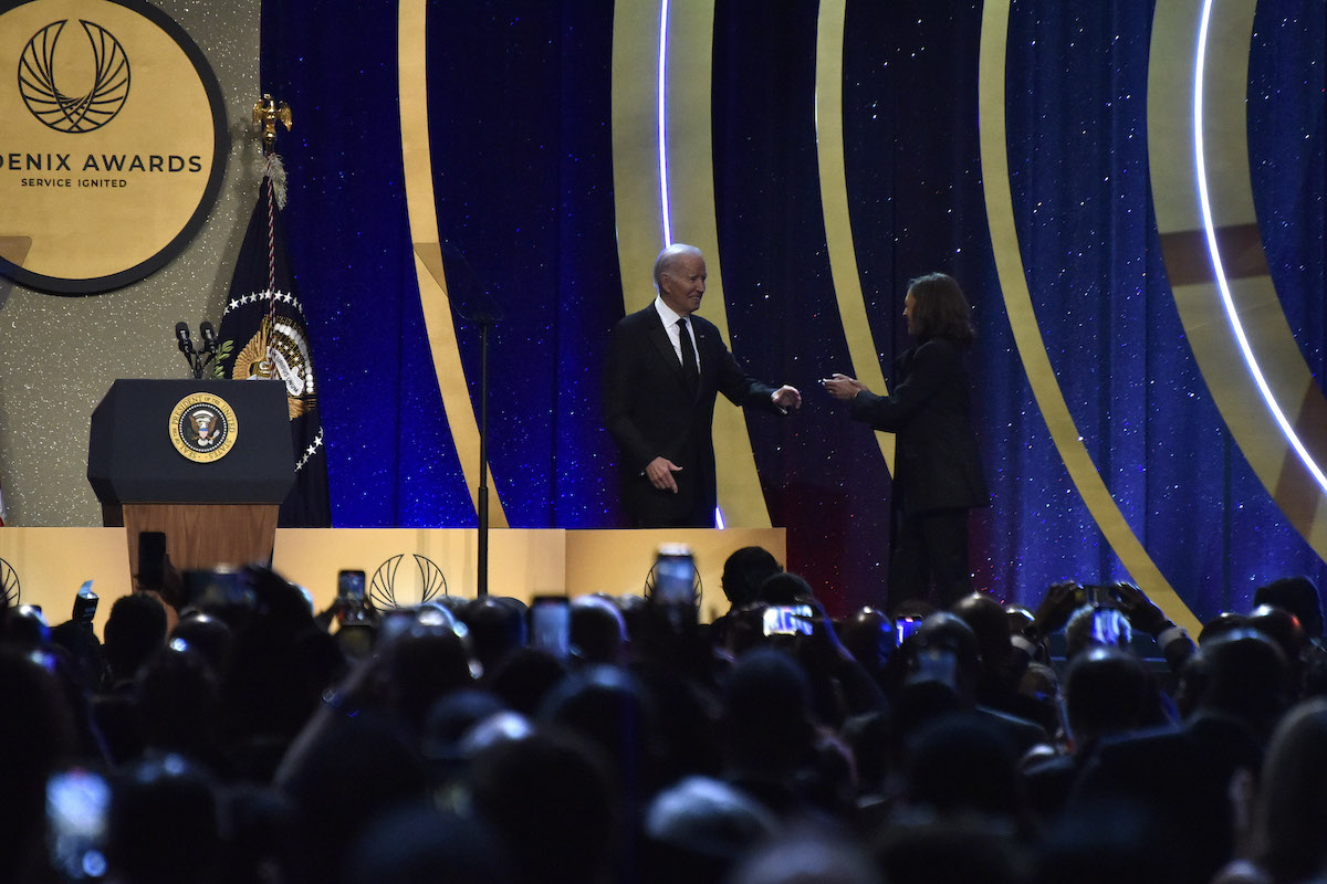 President Joe Biden and Vice President Kamala Harris greet each other at the 2023 Phoenix Awards at the Walter E. Washington Convention Center on Sept. 23. The event was part of the Congressional Black Caucus Foundation's Annual Legislative Conference. (Robert R. Roberts/The Washington Informer)