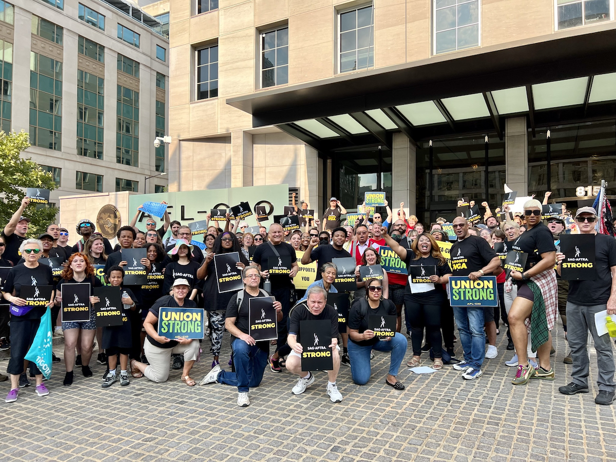 Members of SAG-AFTRA WASHINGON Mid-Atlantic and union allies show solidarity for the actor’s strike in front of the AFL-CIO Headquarters in Washington, DC on 16th Street, NW. The group distributed strike-related information at the movie screenings for “Barbie” and “Oppenheimer.” (Courtesy photo/ SAG-AFTRA WASHINGTON Mid-Atlantic)