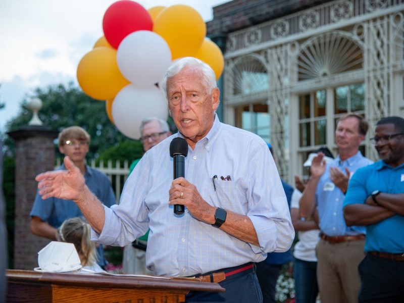 Maryland Rep. Steny Hoyer speaks at the 42nd annual Bull Roast, hosted at the Newton White Mansion on Sept. 8, as Anne Arundel County Executive Steuart Pittman (second from right) and Prince George’s County Democratic Central Committee Chair Antwan Brown (right) listen. (Courtesy photo)