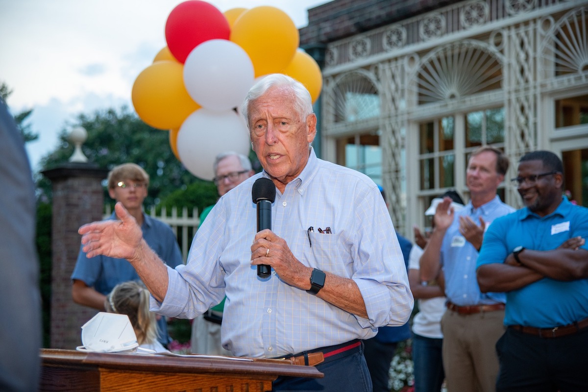 Maryland Rep. Steny Hoyer speaks at the 42nd annual Bull Roast, hosted at the Newton White Mansion on Sept. 8, as Anne Arundel County Executive Steuart Pittman (second from right) and Prince George’s County Democratic Central Committee Chair Antwan Brown (right) listen. (Courtesy photo)