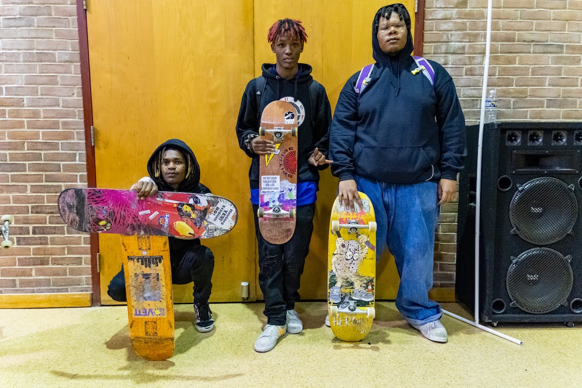 Local skateboarders including Tayron Watts, Tristan McKnight and Devonte Walton attended St. Benedict the Moor Catholic Church in Kingman Park to discuss the positive benefits of Malook Skate Park, just feet from RFK Stadium, has had on their lives. (Ja'Mon Jackson/The Washington Informer)
