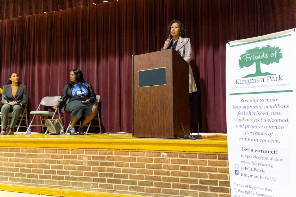 D.C. Mayor Muriel Bowser speaks to a filled auditorium at St. Benedict the Moor Catholic Church in the Kingman Park neighborhood. (Ja'Mon Jackson/The Washington Informer)