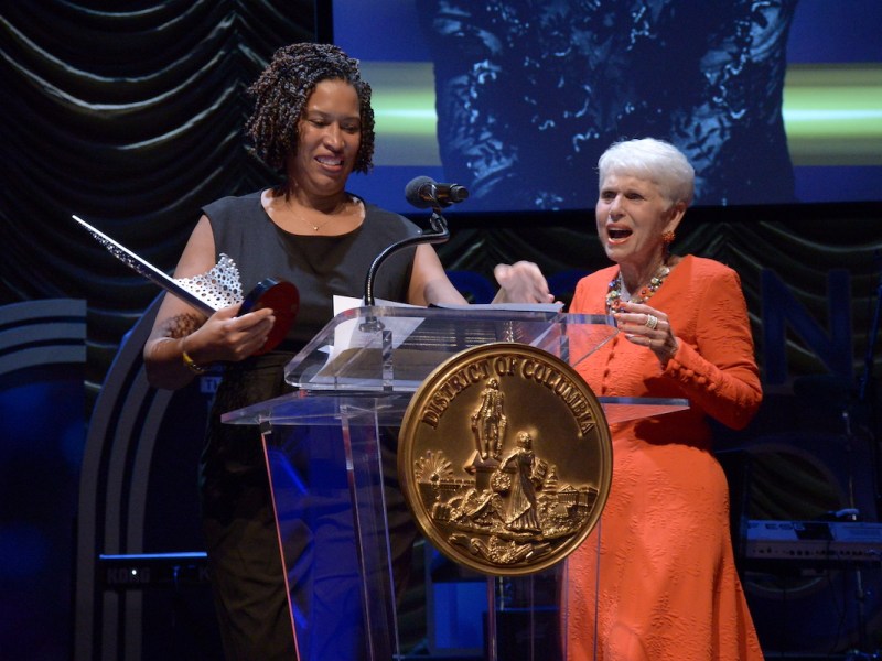 D.C. Mayor Muriel Bowser awards Jan Du Plain at the 38th annual Mayor’s Arts Awards at the Lincoln Theatre in Northwest D.C. on Sept. 28. (Roy Lewis/The Washington Informer)