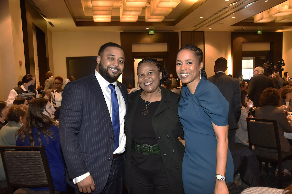**FILE** Delegate Nick Charles, Sen. Melony Griffith and Prince George’s County Executive Angela Alsobrooks pose at the Maryland Democratic Party luncheon in Annapolis on Jan. 10, 2023. Griffith announced that she will be resigning at the end of the month to lead the Maryland Hospital Association. Charles said in an interview during the gala that he intends to file for the upcoming Senate vacancy. (Anthony Tilghman/The Washington Informer)