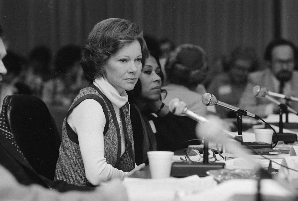 **FILE** Rosalynn Carter chairs mental health hearings in 1978. (U.S. National Archives and Records Administration via Wikimedia Commons)