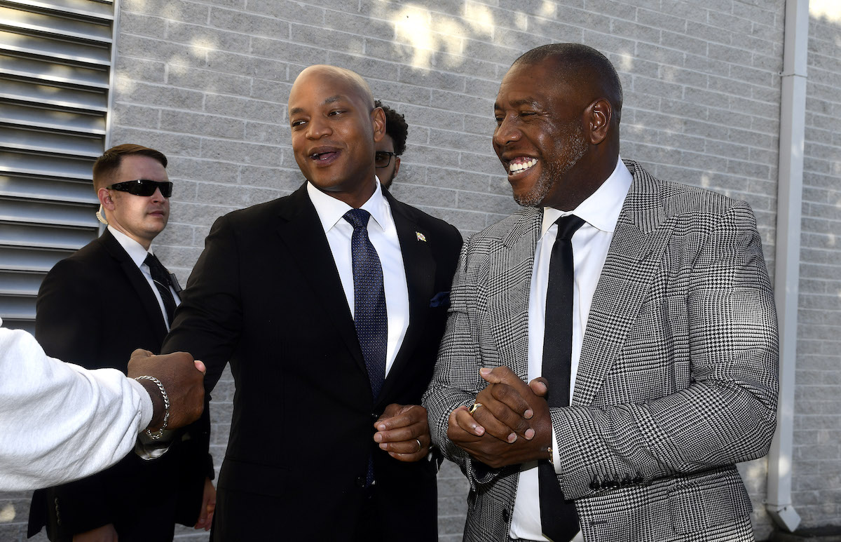 Maryland Gov. Wes Moore with Cedric Nash, founder of the Black Wealth Summit. Gov. Moore was one of the featured speakers at the Summit held Oct. 26-28 at Jericho City of Praise in Landover. (Robert R. Roberts/The Washington Informer)