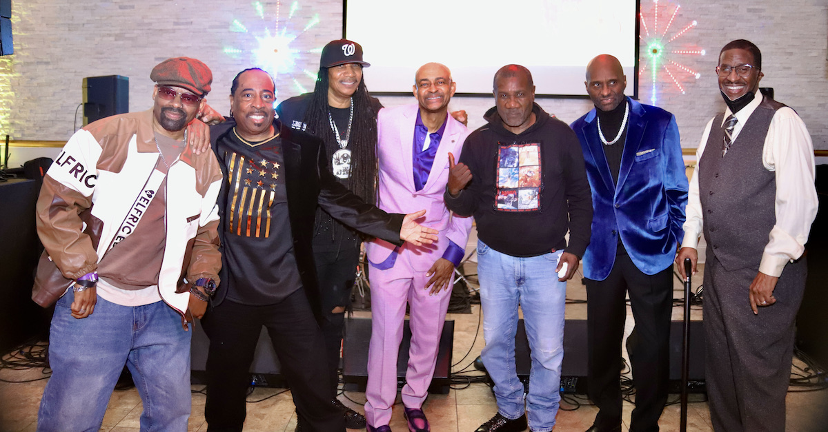Celebrities including Prince Dajour, James Funk, DJ Kool, Sugar Bear of EU, Greg Diggs and Arthur “Maniac” McCloud, pose with Bo Sampson (center) at his 60th birthday celebration on Oct. 19. (Courtesy photo)