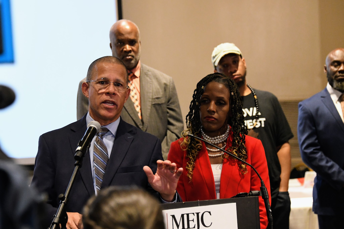 Maryland Attorney General Anthony Brown (left) and chief public defender Natasha Dartigue announce a historic collaboration between their offices at Bowie State University in Bowie, Maryland, on Oct. 25. (Anthony Tilghman/The Washington Informer)