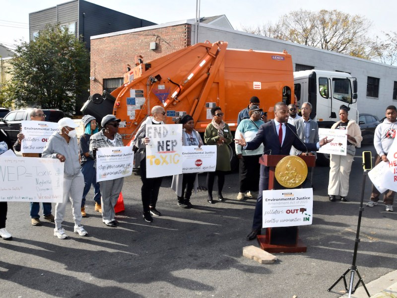 Ward 5 Council member Zachary Parker announced his introduction of new environmental justice legislation on Monday in Ivy City, a neighborhood facing numerous sources of pollution — including from the many large diesel-powered vehicles that pass by daily. (Robert R. Roberts/The Washington Informer)