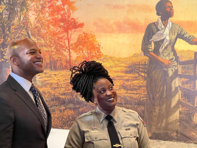 Ranger Angela Crenshaw with Maryland Gov. Wes Moore at Harriet Tubman Underground Railroad State Park in February 2023. (Courtesy of Gregg Bortz/Maryland Department of Natural Resources)