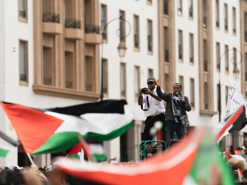 people with the flags of palestine protesting on the street