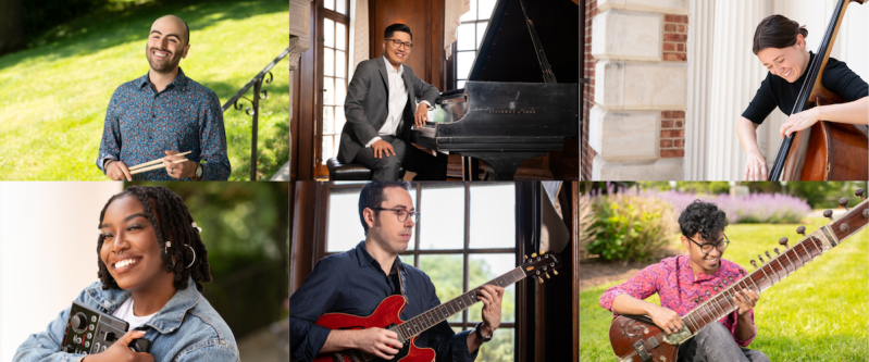 Strathmore in North Bethesda recently premiered its 2024 Artist in Residence class. Musicians on the top row are (from left) percussionist Marty Risemberg, pianist Alfred Yun, and bassist Zoë Jorgenson. On the bottom row are (from left) singer-songwriter Kaiyla Gross, guitarist Parker Speirs, and sitarist Snehesh Nag. (Courtesy of Strathmore)