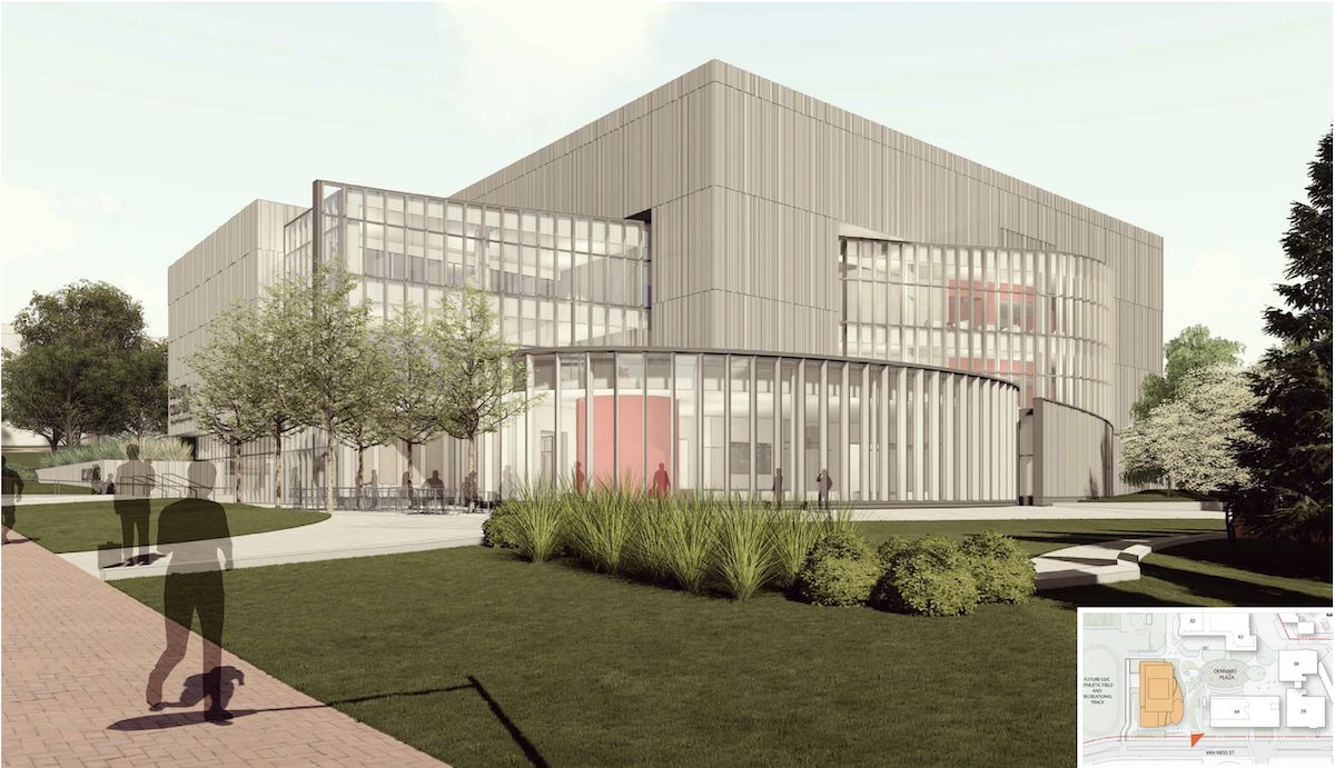 Rendering of the proposed D.C. Archives building on the University of the District of Columbia’s Campus, from the front entrance (Hartman-Cox Architects)