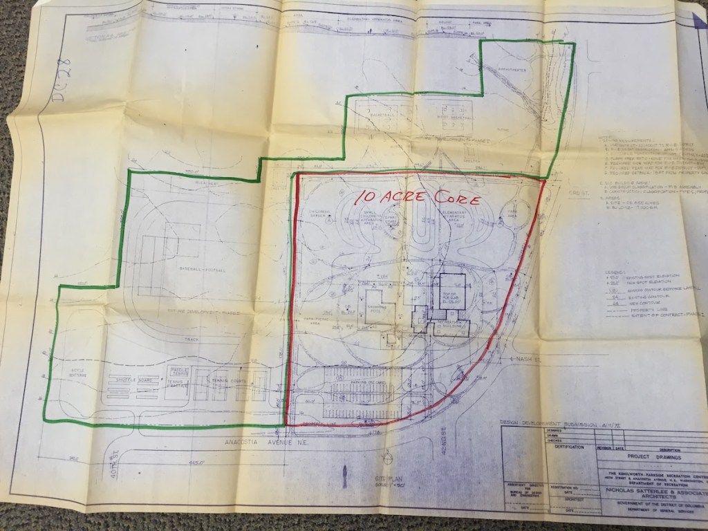 A picture of the 1972 agreement between the National Park Service and the D.C. Department of Parks and Recreation is shown here. The land that fell under the District’s responsibility is outlined in red. (Courtesy of Junel Jeffrey)