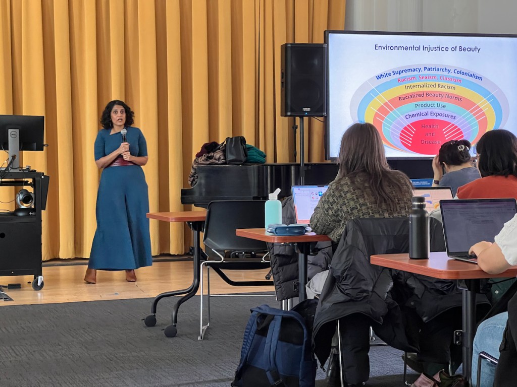 Ami Zota presents her research breaking down what she calls “the environmental injustice of beauty.” (Victoria St. Martin/Inside Climate News)