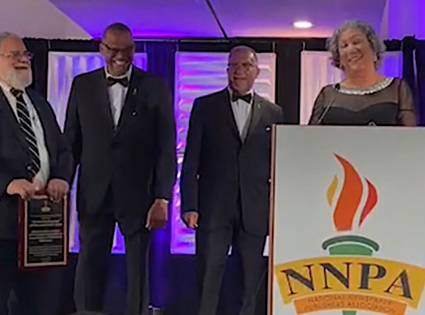 Greene County Democrat Co-Publisher John Zippert, NNPA Chairman and Westside Gazette Publisher Bobby R. Henry Sr., NNPA President and CEO Dr. Benjamin F. Chavis and Carol Zippert during the NNPA 2024 Lifetime Achievement Award Gala. (Courtesy photo)