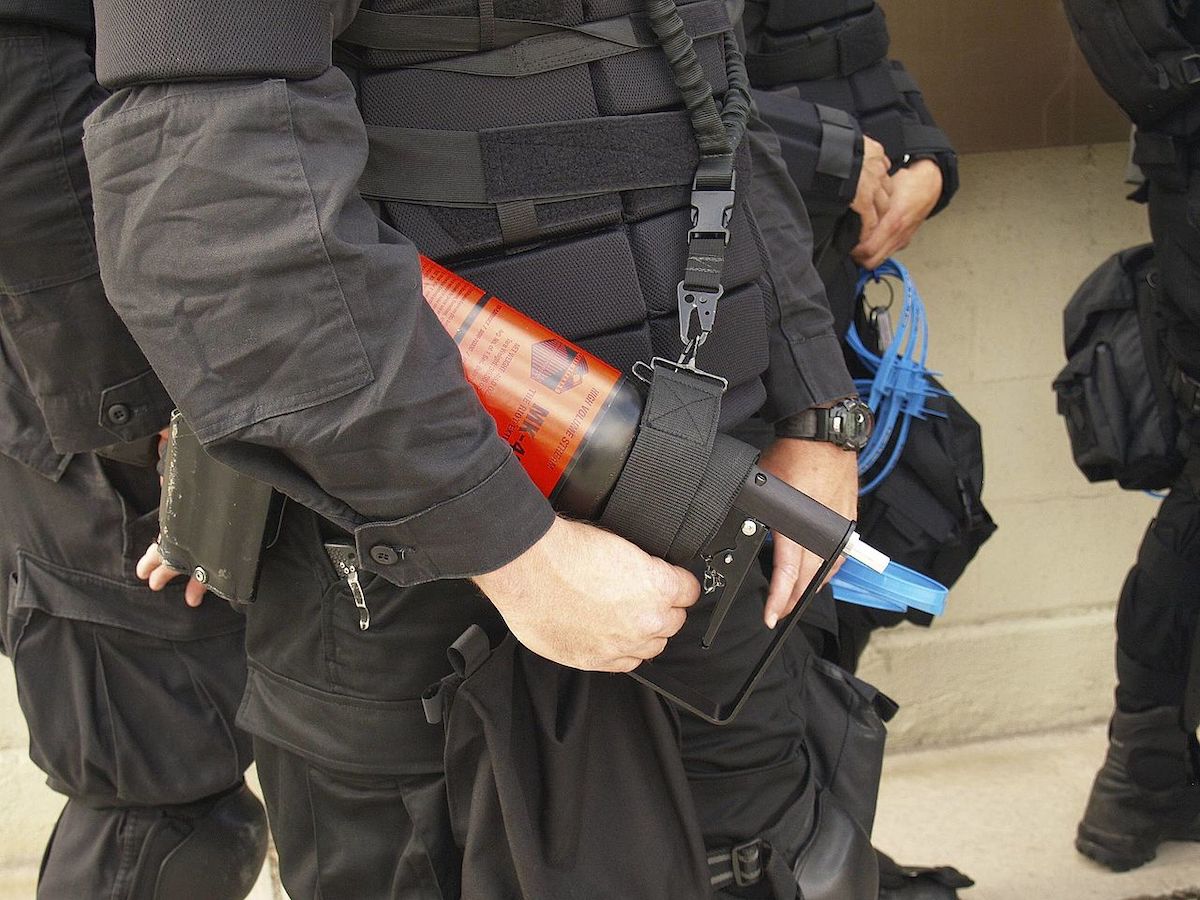 **FILE** Security holding pepper spray canister (dymaxionsmi2le via Wikimedia Commons)
