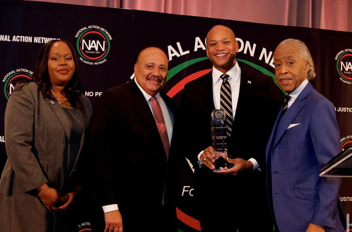 From left: Eboni Riley of NAN, Martin Luther King III, Maryland Gov. Wes Moore and the Rev. Al Sharpton, president and founder of NAN, pose during the annual MLK Day Awards Breakfast at the Mayflower Hotel in Washington, D.C., on Jan. 15. (Courtesy photo)