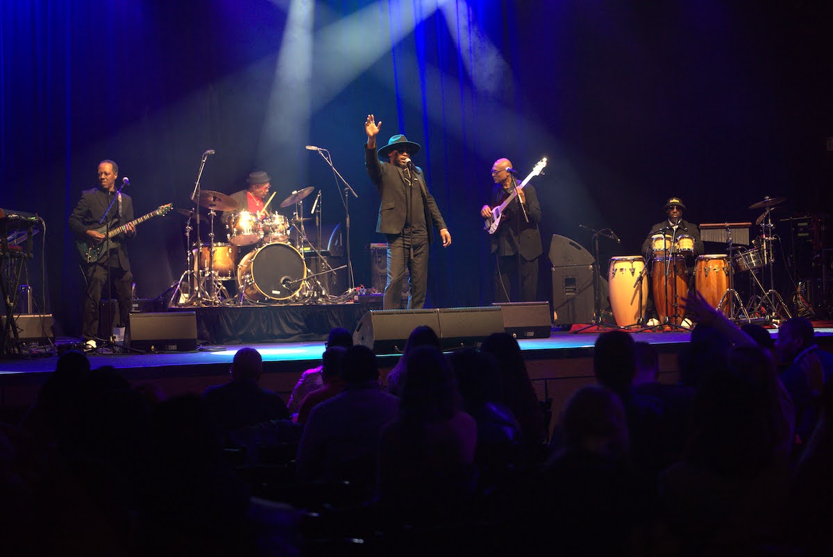 The Blackbyrds perform before an enthusiastic crowd during their 50th-anniversary concert at the historic Howard Theatre in northwest D.C. on Jan. 20. From left is guitarist Charles Wright, drummer Keith Killgo, vocalist/drummer Paul Spires, bassist Joe Hall and percussionist Sean Anthony. (Marckell Williams/The Washington Informer)