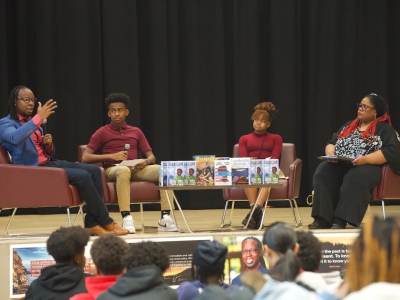 Author Ibram X. Kendi speaks with students at Jefferson Middle School about his experience as a writer, the writing process and more on Jan. 24. (Marckell Williams/The Washington Informer)