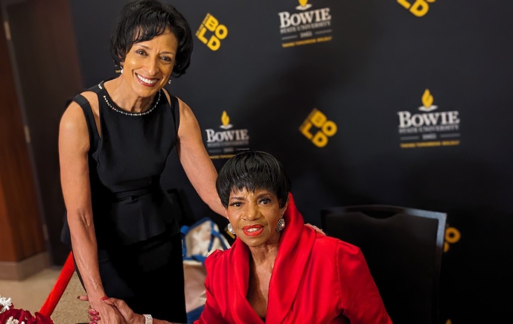 Aminta H. Breaux (left), president of Bowie State University, stands with singer and actress Melba Moore following her concert in the Dionne Warwick Theater at Bowie State University's Fine and Performing Arts Center on Feb. 10. (Brenda C. Siler/The Washington Informer)