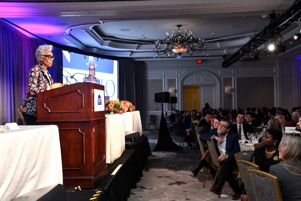 Barrier-breaking Washington Post reporter Dorothy Gilliam accepts an award at the 2024 National Press Foundation Journalism Awards Dinner on Feb. 15 at the Ritz Carlton in Washington, D.C. (Robert R. Roberts/The Washington Informer)