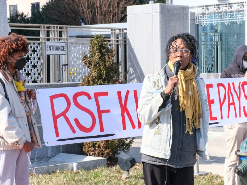 Wafa May speaks during a protest she co-organized against the war, genocide and mass displacement in Sudan at the Embassy of the United Emirates on Feb. 18. (Ja’Mon Jackson/The Washington Informer)
