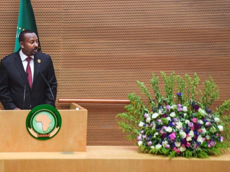 Ethiopian Prime Minister Abiy Ahmed delivers a speech during the 37th Ordinary Session of the African Union (AU) Assembly of the Heads of State and Government, held in Addis Ababa, Ethiopia, on Feb. 17. (Courtesy photo)