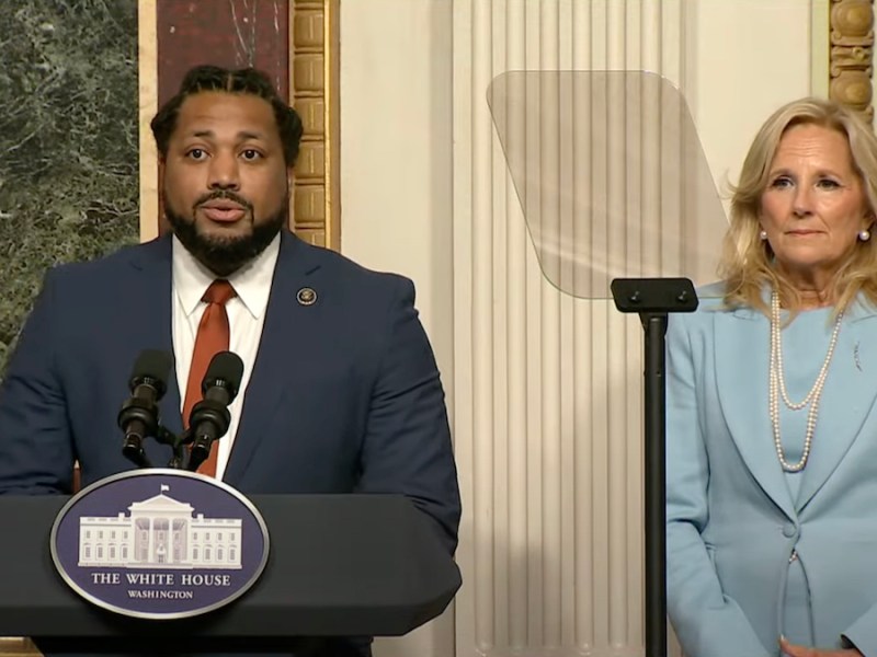 Greg Jackson, deputy director of the White House Office of Gun Violence Prevention, introduces first lady Jill Biden at the School Principals Town Hall held Jan. 25. (Courtesy of the White House)
