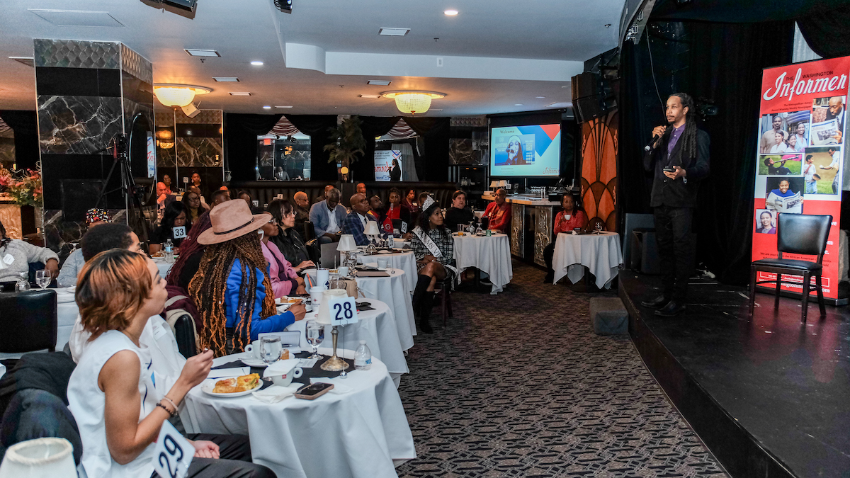 Guests fill the Carlyle Room in Northwest D.C. for The Washington Informer’s Smart Marketing event on Feb. 29. Desmond "DB Bantino" Barnes, served as the event's emcee. (Ja'Mon Jackson/The Washington Informer)