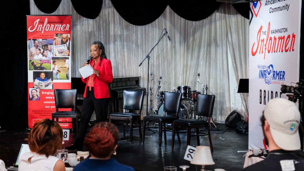 Washington Informer Publisher Denise Rolark Barnes discusses the work of the publication in the community during The Informer's Smart Marketing event on Feb. 29 at the Carlyle Room in Northwest D.C. (Ja'Mon Jackson/ The Washington Informer)