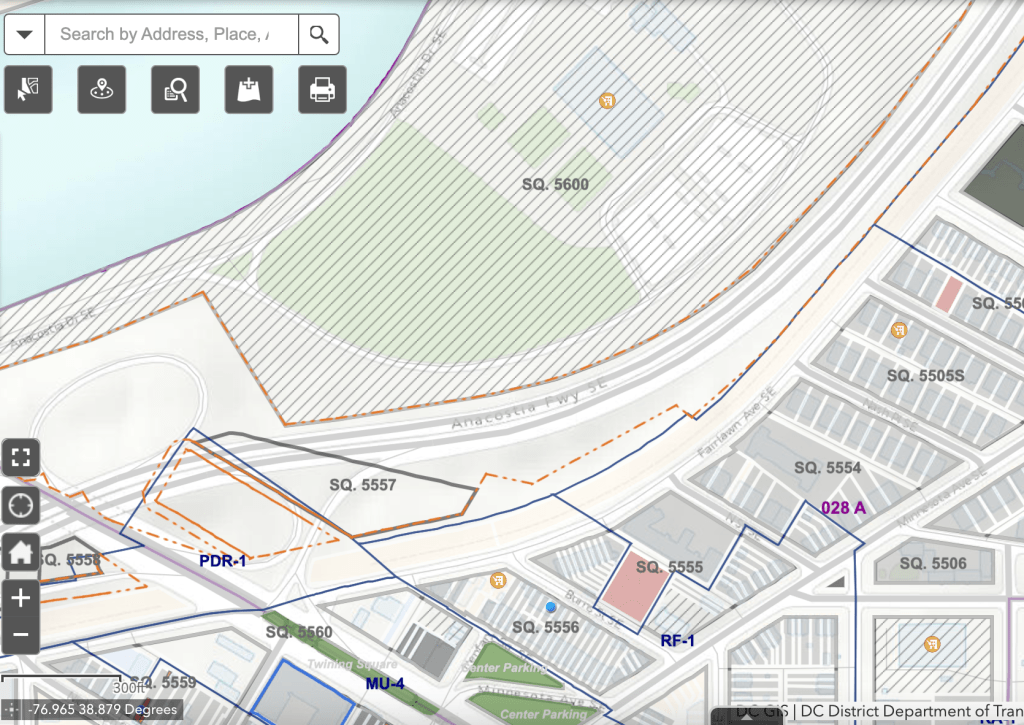 A close-up screenshot of a D.C. Department of General Services Map, taken Feb. 26. The orange dotted line marks land transferred to D.C. from the National Park Service in 1968 for the maintenance of the highway. It boundaries include a small strip of land on each side of the freeway.
