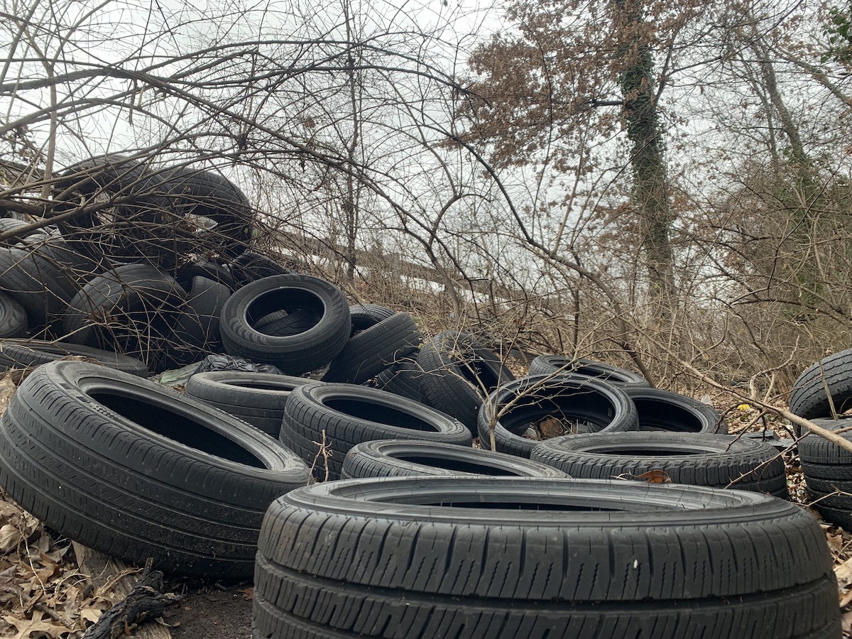 A pile of tires sits off the northbound side of Interstate 295 in D.C., just past Pennsylvania Avenue SE. About 100 of them are sprawled around the woods at the spot. (Kayla Benjamin/The Washington Informer)