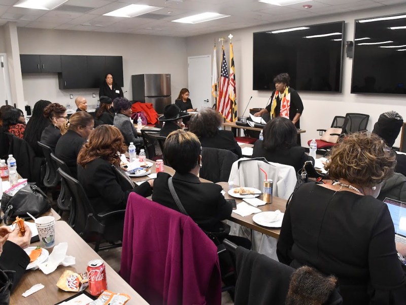 Maryland Women’s Caucus Chair Delegate Edith Patterson (front) speaks to the gathered members of the National Coalition of 100 Black Women, who met in Annapolis on Feb. 1. (Robert R. Roberts/The Washington Informer)
